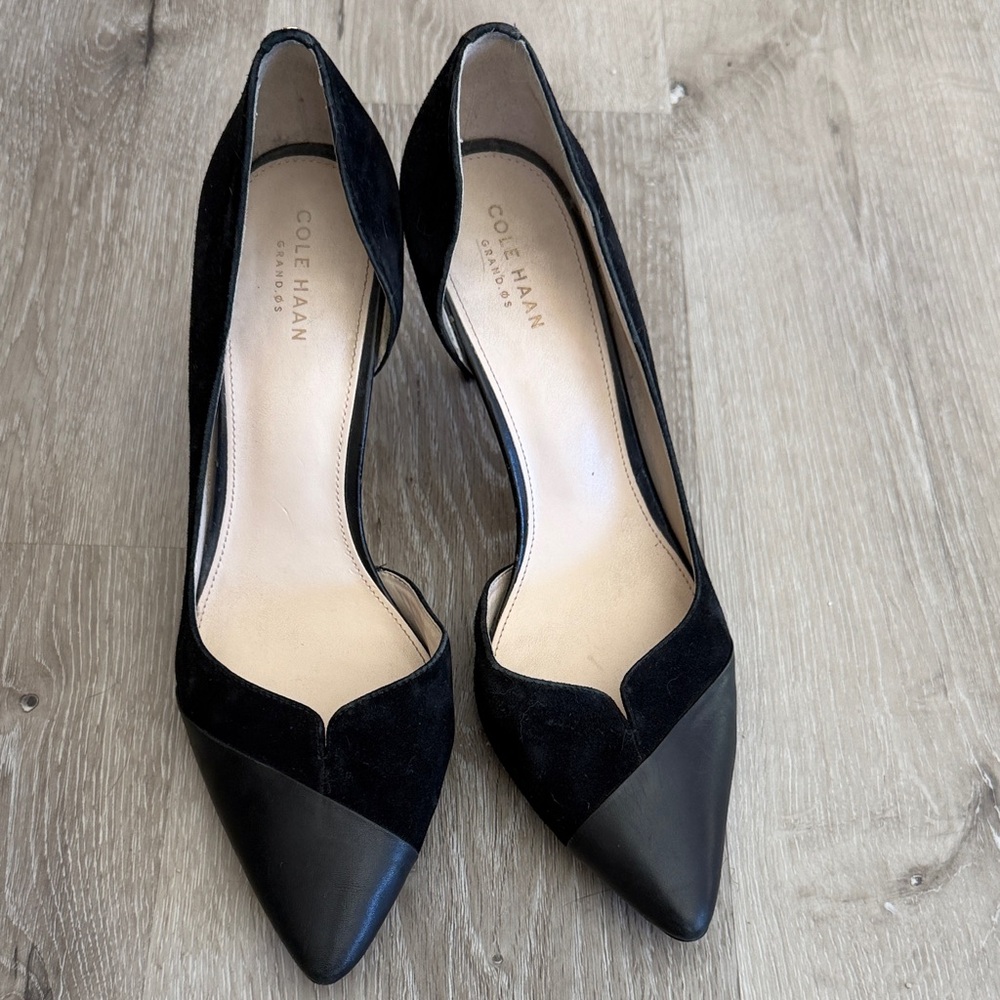Cole Haan Black Leather and Suede Pointed Toe Heels